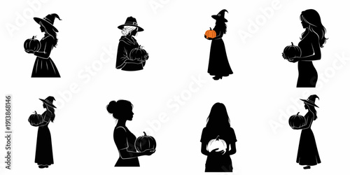 Halloween Witch Silhouettes Collection: Set of eight elegant female figures in profile and front views holding pumpkins, isolated vector illustration on white.