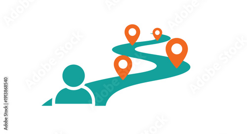 Minimalist customer journey map icon — winding path with location pins and user avatar flat vector teal orange