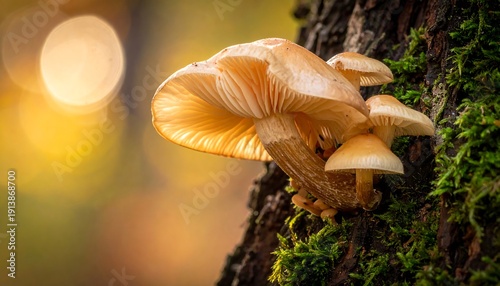 Close-up of mushrooms growing on a tree trunk, illuminated with soft sunlight, and surrounded by bokeh