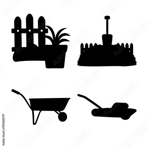 Collection of essential gardening tools and elements as silhouette icons for garden projects