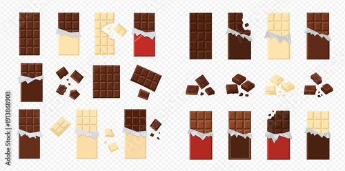 Set of various chocolate bars and pieces, including dark, milk, and white chocolate, in different packaging states.