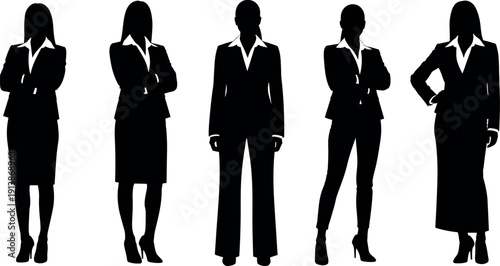 Business Women Silhouettes Vector Collection of Five Corporate Female Executives Standing in Formal Office Suits and Professional Attire