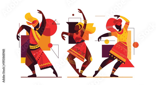 Three colorful dancing women in traditional Indian attire with geometric shapes isolated on transparent background