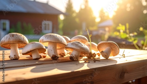 Close-up of mushrooms laid out on a rustic wooden table, illuminated by the warm glow of the morning sun against a blurry background