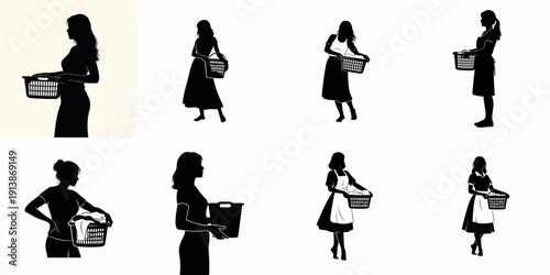Collection of eight black vector silhouettes illustrating women and housewives holding laundry baskets, representing household chores and cleaning services.