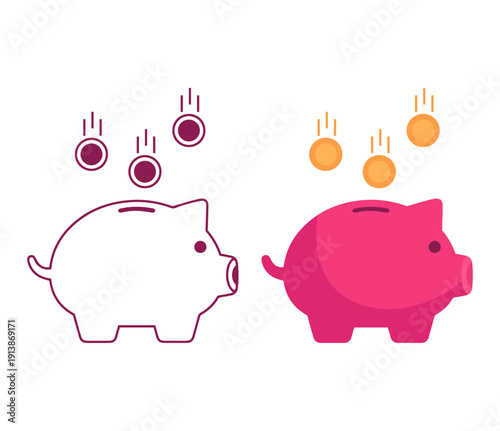 Piggy bank savings and investment icon, flat symbols with pink pig and falling coins for financial growth budget and money management vector illustration