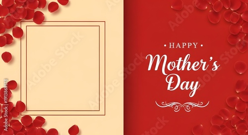 Mothers day greeting card with red hearts and a frame on beige background