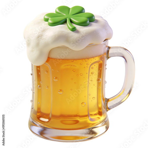 3D beer mug with green beer shamrock foam icon for st patricks day irish pub celebration drink isolated white background element