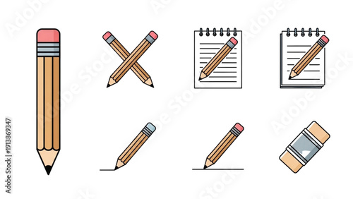 Pencil and Notebook Illustrations on White Background from Various Viewpoints