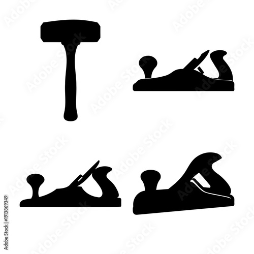 Classic woodworking tools: a collection of hand planes and a mallet silhouette for craftsmanship