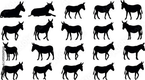 Donkey Silhouette Vector Set Collection of Farm Animal Icons in Various Poses Like Standing Walking and Lying Down Isolated Background