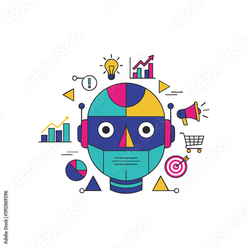 Creative AI Digital Marketing Concept with Abstract Robot Head & Analytics Icons