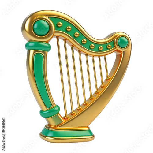3D celtic harp gold green icon for st patricks day irish music tradition symbol isolated white background element design