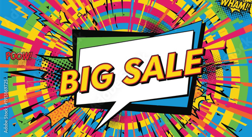 Vibrant comic book style big sale speech bubble with multicolored explosive background