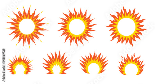 Fire Sunburst Vector Icon Set With Flaming Circular Shapes And Hot Energy Explosion Symbols In Cartoon Illustration Style
