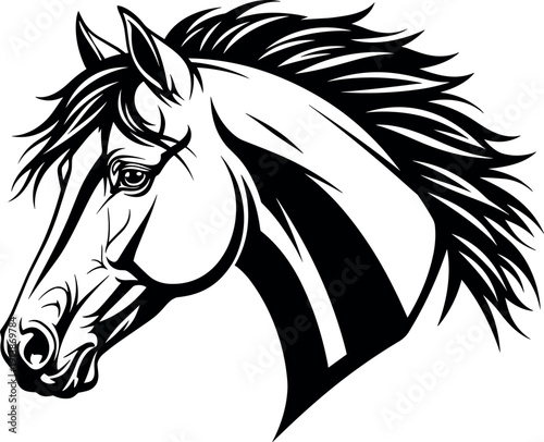 Horse head silhouette vector illustration, black and white equine art, animal profile design, flowing mane graphic, minimal decorative artwork