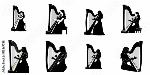 Collection of black and white vector silhouettes showing women playing the classical pedal harp in various elegant poses, isolated on white.