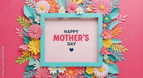 Happy mothers day floral frame with colorful flowers on pink background