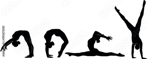 Set of black silhouettes showing flexible female gymnast performing handstands backbends and splits for rhythmic gymnastics sport competition and training.