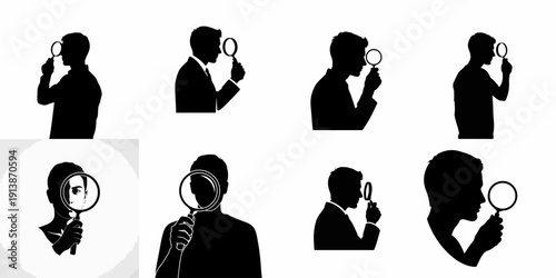 Various silhouettes of men with magnifying glasses, symbolizing detective work, research, examination, and scrutiny.