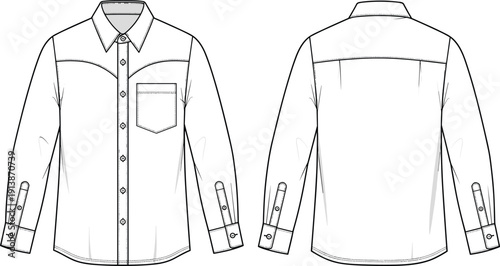Front and Back View of Classic Button Down Shirt with Pocket, Fashion Apparel Clothing Technical Line Art Illustration