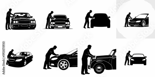 Automotive Detailing and Car Wash Silhouettes: A Vector Set of Men Cleaning and Polishing Various Car Models, from Classic to Modern.