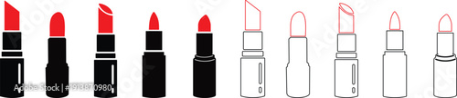 Lipstick vector icons set, cosmetic makeup silhouette and outline collection, beauty fashion symbol group isolated on transparent background for branding and salon design
