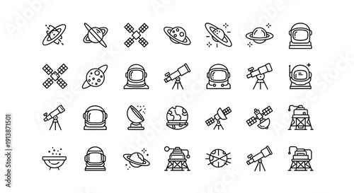 A grid of 36 black and white line art icons depicting space and astronomy themes