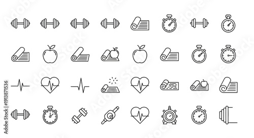A grid of 36 black line art icons related to fitness and health activities
