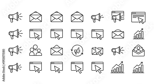 A grid of 36 blackandwhite line art icons related to marketing and communication