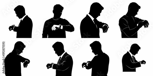 Black Silhouettes of Men Checking Wristwatches: Set of Eight Vector Illustrations Representing Time, Punctuality, and Waiting