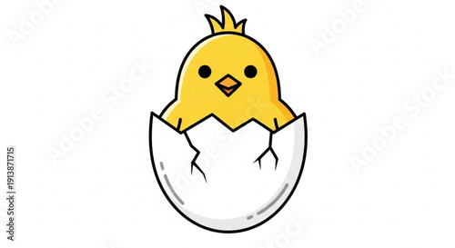 Yellow Chick Hatching from Eggshell Isolated on White Background