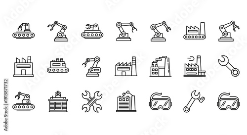 A grid of black and white line icons depicting industrial robots factories tools and safety goggles