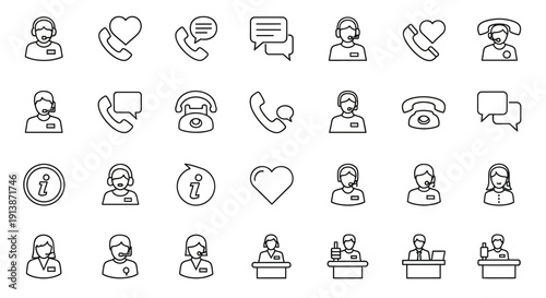 A grid of black and white line icons related to customer service and communication