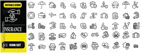 Insurance Line Icon Set – Assurance and Insurance Icons for Life, Medical, Health, Car, Travel, House, Property, Money, Protection and Social Insurance Linear Icons for Web, App, UI, UX, Finance