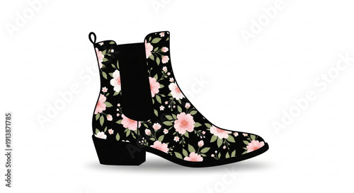 Floral Chelsea Boot with Pink Flowers on Black Leather, Isolated on White