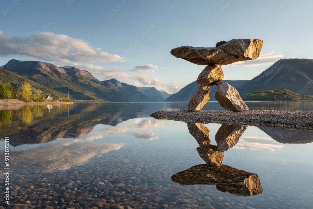 Obraz premium Stone sculpture by a serene lake, mirrored perfectly