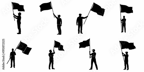 Set of eight black silhouettes of diverse men holding blank waving flags on poles, ideal for representing protest, support, or celebration on a white background.