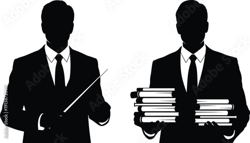 Two businessmen in silhouette holding office supplies