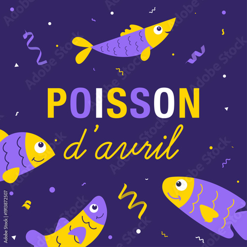 Illustration carrée pour le 1er avril avec poissons stylisés et confettis sur fond violet. Idéal pour carte humoristique, publication réseaux sociaux ou affiche festive.
