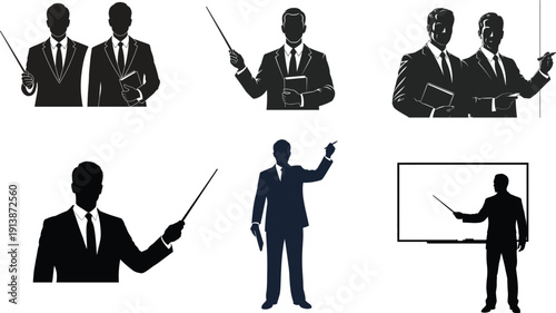 Silhouette of businessmen in various presentation poses with pointers and whiteboard