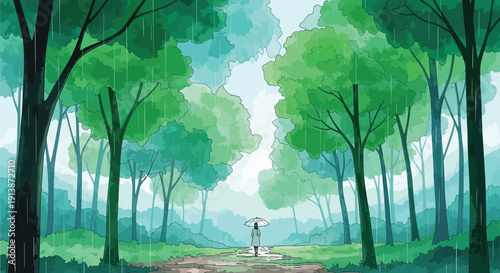 a person walking down a dirt path in a forest with tall trees and green foliage, watercolor vector illustration