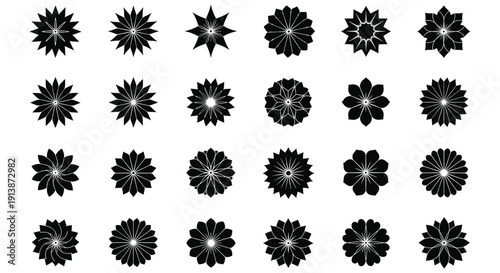 Abstract Black Floral Mandala Vector Icon Set With Geometric Radial Flower Shapes And Decorative Symmetrical Ornament Elements