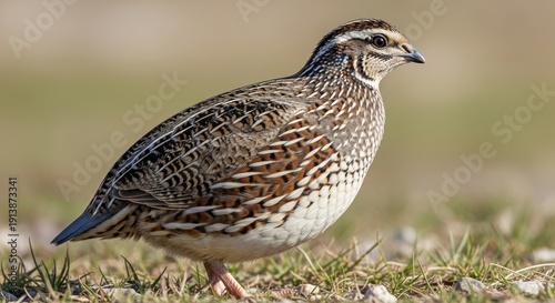 Quail standing on grassy ground, showing compact body and patterned feathers. A small ground dwelling bird known for rapid movement and importance in farming and wildlife.