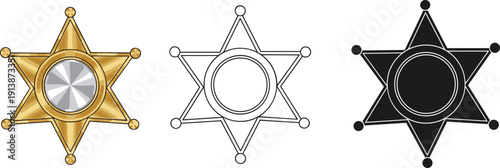 Sheriff star badge icons set with gold outline and solid styles law enforcement western symbol flat vector illustration