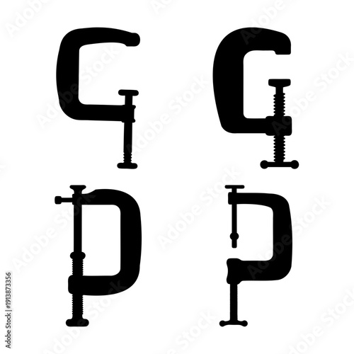 Collection of various c-clamp and g-clamp tool silhouettes for woodworking and construction projects