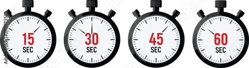 Stopwatch timer set showing 15 30 45 and 60 seconds countdown time measurement concept flat vector illustration design