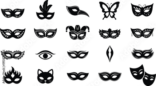Masquerade Mask Icon Set with Venetian Carnival, Party Disguise, Theater and Decorative Black Silhouette Mask Designs in Vector Illustration Collection