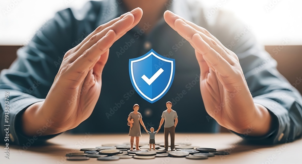 Obraz premium A person shielding a family and coins with a protective blue shield