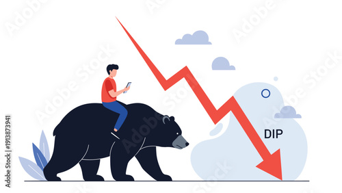 Man rides a black bear down a slope while a red zig zag arrow and the word dip signify a significant drop in the financial market.